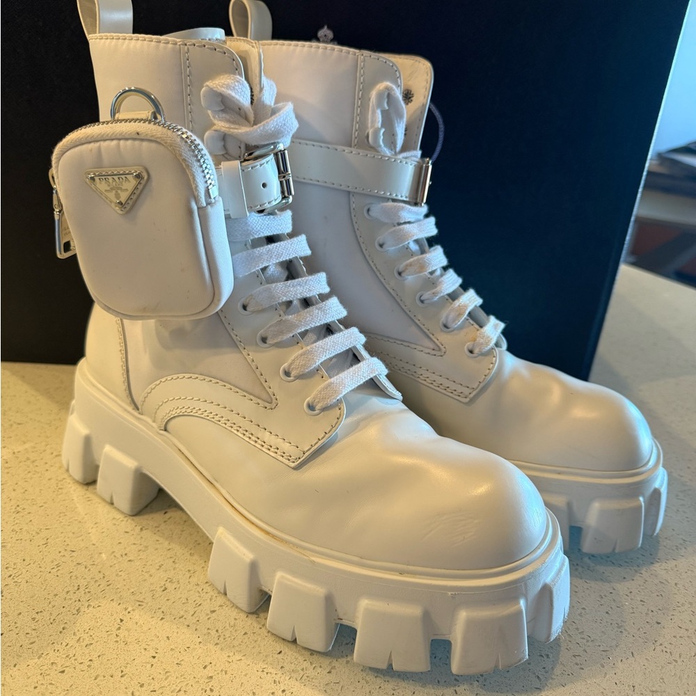 Prada White Platform Combat Boots with Lug Sole
